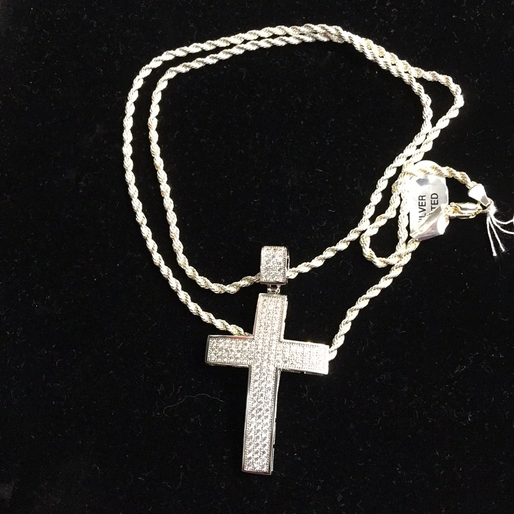 Silver Plated 24 in Rope Chain 3D Micropave Cross